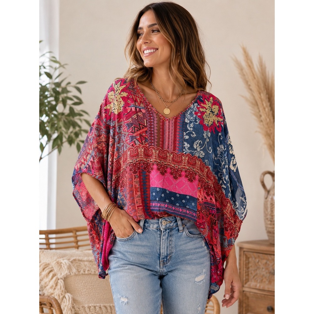 Desigual Patchwork Boho Blouse Pink Blue Paisley Dolman Sleeve Womens Large
